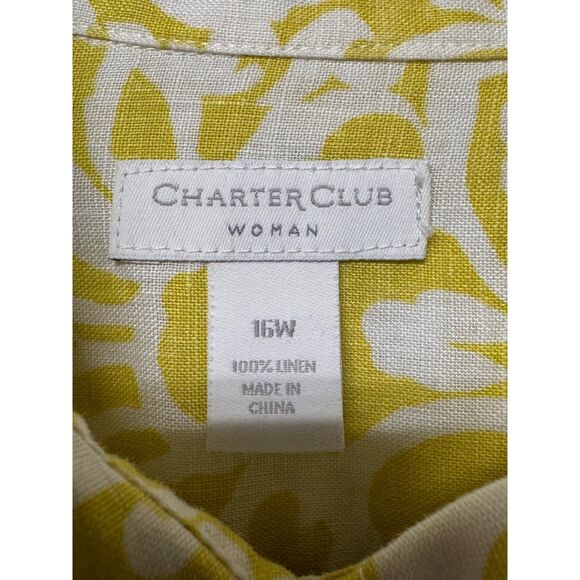 CHARTER CLUB Woman 100% Linen Roll Tab Sleeve Button Up Shirt, Chartreuse/White - Picture 9 of 10